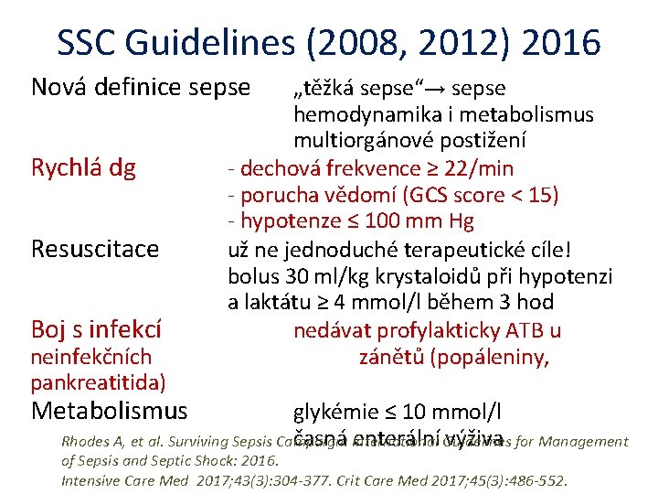 SSC Guidelines (2008, 2012) 2016 Nová definice sepse Rychlá dg Resuscitace Boj s infekcí