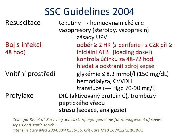 Resuscitace SSC Guidelines 2004 tekutiny → hemodynamické cíle vazopresory (steroidy, vazopresin) zásady UPV Boj