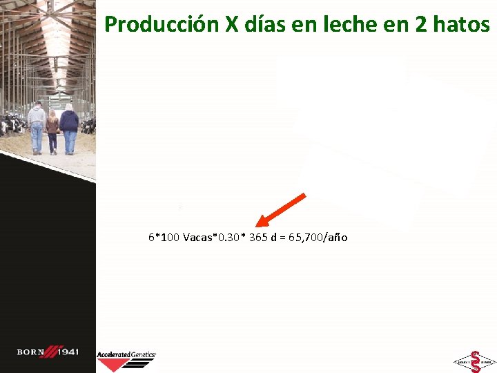 Producción X días en leche en 2 hatos 6*100 Vacas*0. 30* 365 d =