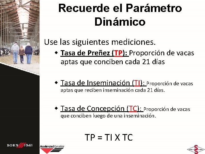 Recuerde el Parámetro Dinámico Use las siguientes mediciones. w Tasa de Preñez (TP): Proporción