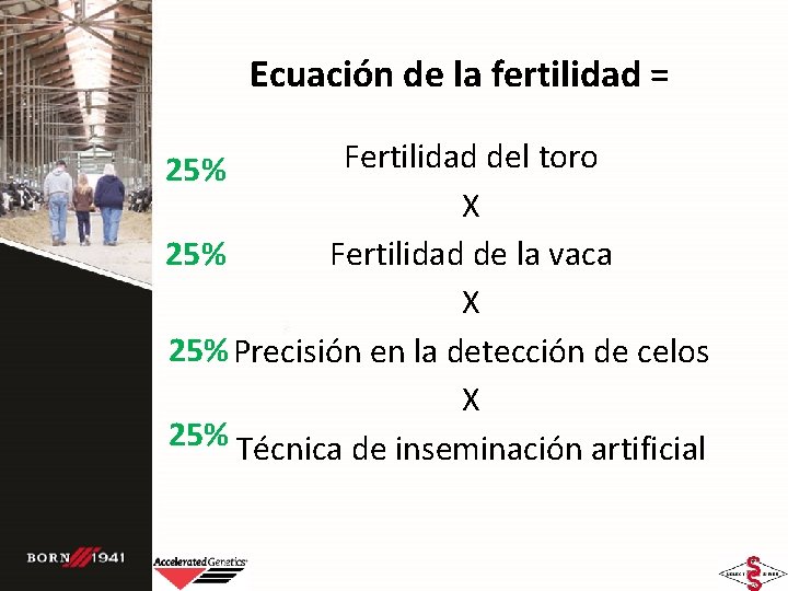 Ecuación de la fertilidad = Fertilidad del toro X 25% Fertilidad de la vaca Ecuación de la fertilidad = Fertilidad del toro X 25% Fertilidad de la vaca