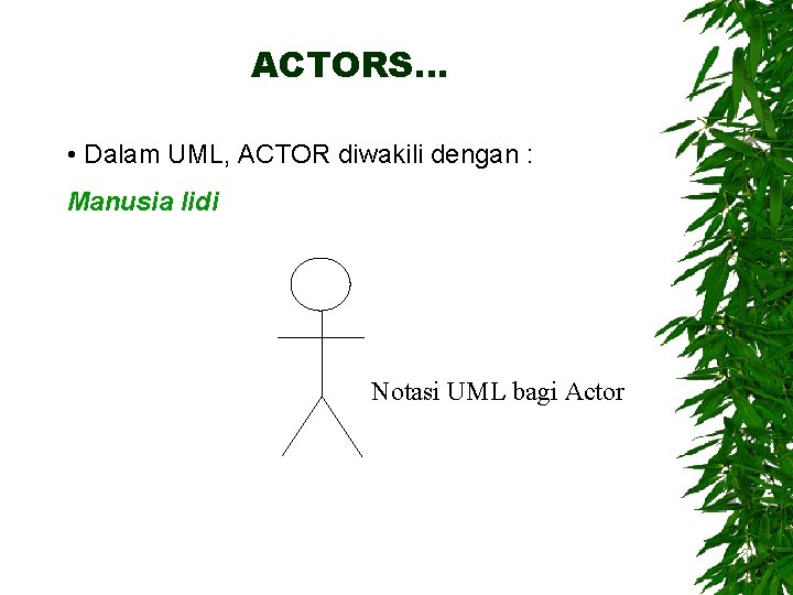 ACTORS… • Dalam UML, ACTOR diwakili dengan : Manusia lidi Notasi UML bagi Actor