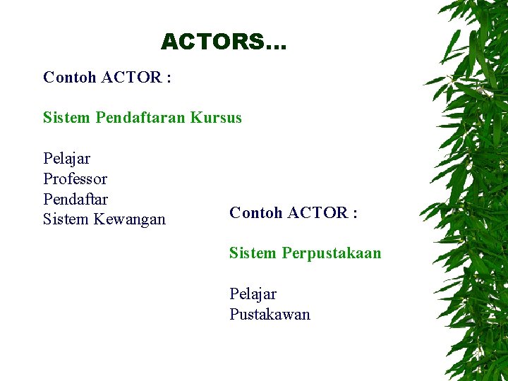 ACTORS… Contoh ACTOR : Sistem Pendaftaran Kursus Pelajar Professor Pendaftar Sistem Kewangan Contoh ACTOR