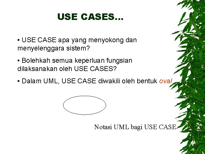 USE CASES… • USE CASE apa yang menyokong dan menyelenggara sistem? • Bolehkah semua