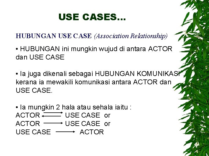 USE CASES… HUBUNGAN USE CASE (Association Relationship) • HUBUNGAN ini mungkin wujud di antara