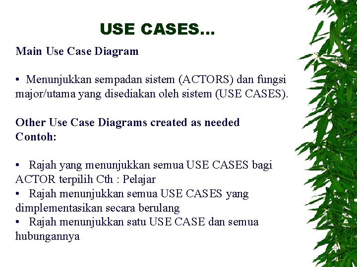 USE CASES… Main Use Case Diagram • Menunjukkan sempadan sistem (ACTORS) dan fungsi major/utama