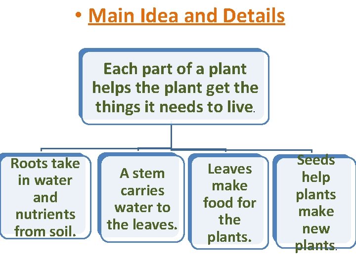  • Main Idea and Details Each part of a plant helps the plant