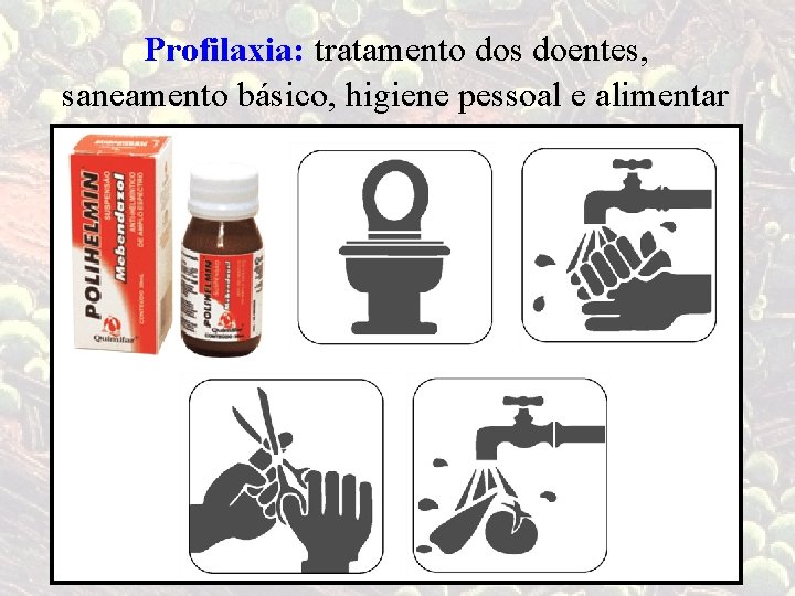 Profilaxia: tratamento dos doentes, saneamento básico, higiene pessoal e alimentar 