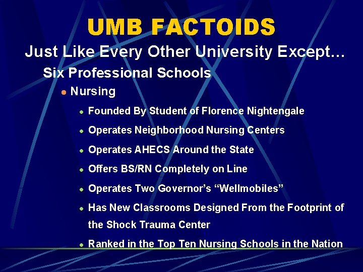 UMB FACTOIDS Just Like Every Other University Except… Six Professional Schools l Nursing l