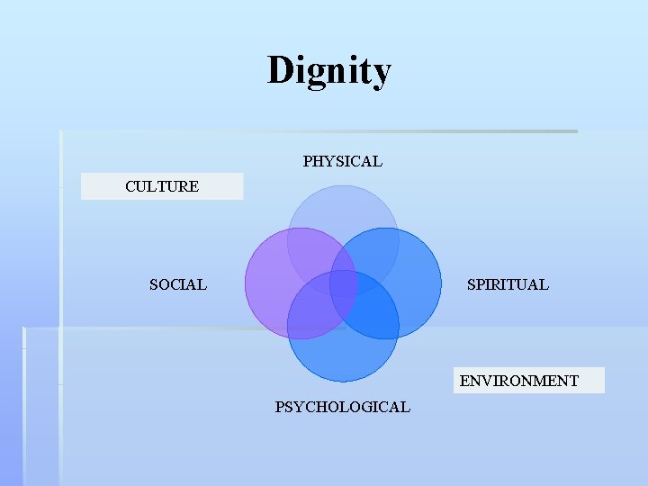 Dignity PHYSICAL CULTURE SOCIAL SPIRITUAL ENVIRONMENT PSYCHOLOGICAL 
