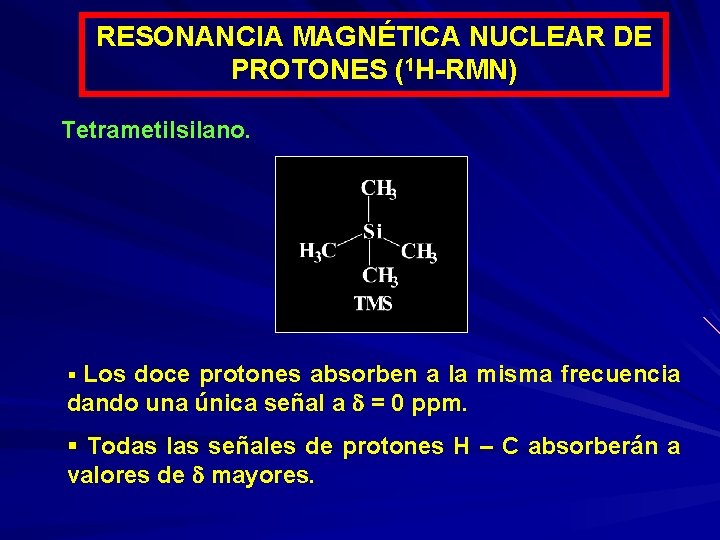 RESONANCIA MAGNÉTICA NUCLEAR DE PROTONES (1 H-RMN) Tetrametilsilano. § Los doce protones absorben a