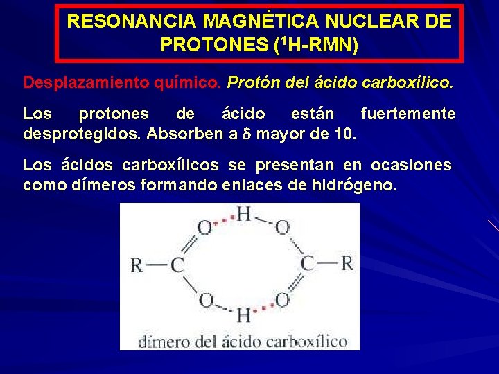 RESONANCIA MAGNÉTICA NUCLEAR DE PROTONES (1 H-RMN) Desplazamiento químico. Protón del ácido carboxílico. Los