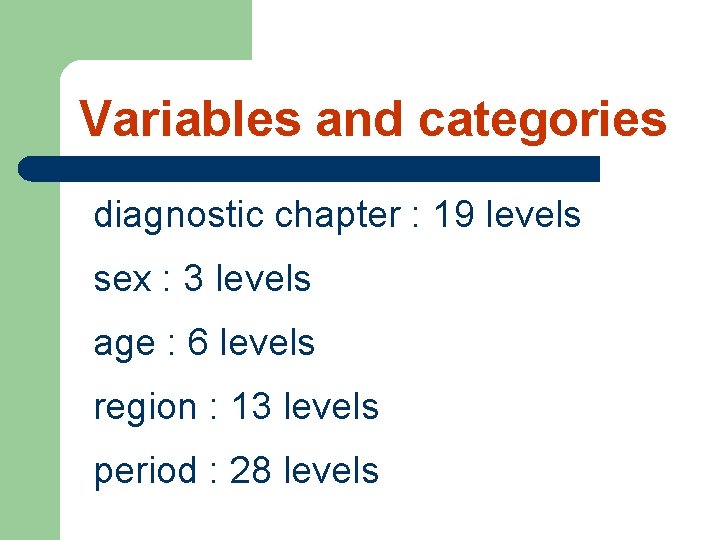 Variables and categories diagnostic chapter : 19 levels sex : 3 levels age :