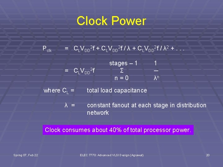 Clock Power Pclk = CLVDD 2 f + CLVDD 2 f / λ 2