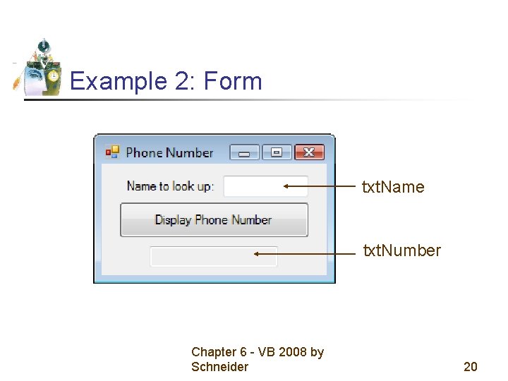 Example 2: Form txt. Name txt. Number Chapter 6 - VB 2008 by Schneider Example 2: Form txt. Name txt. Number Chapter 6 - VB 2008 by Schneider