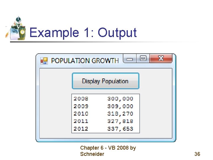 Example 1: Output Chapter 6 - VB 2008 by Schneider 36 Example 1: Output Chapter 6 - VB 2008 by Schneider 36