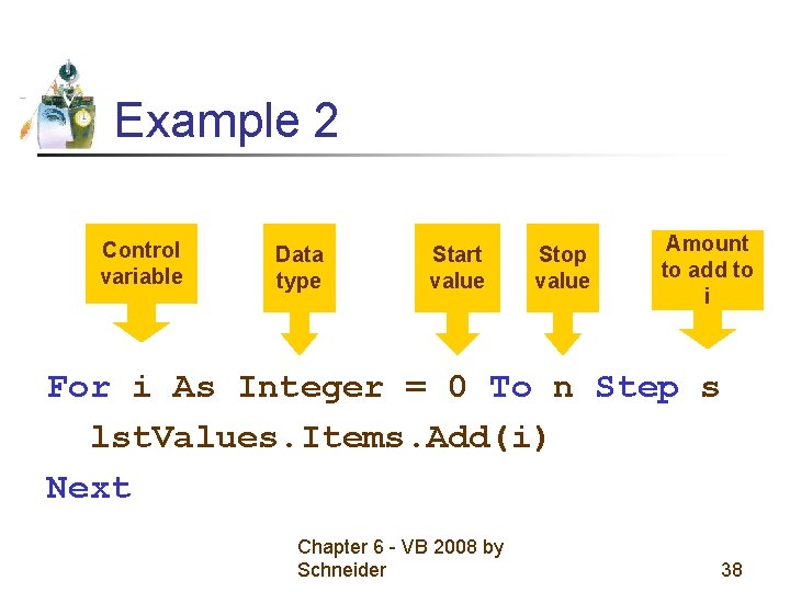 Example 2 Control variable Data type Start value Stop value Amount to add to Example 2 Control variable Data type Start value Stop value Amount to add to