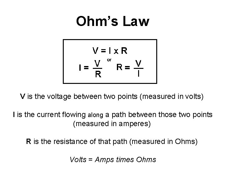 Ohm’s Law V is the voltage between two points (measured in volts) I is