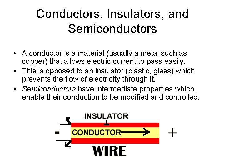 Conductors, Insulators, and Semiconductors • A conductor is a material (usually a metal such