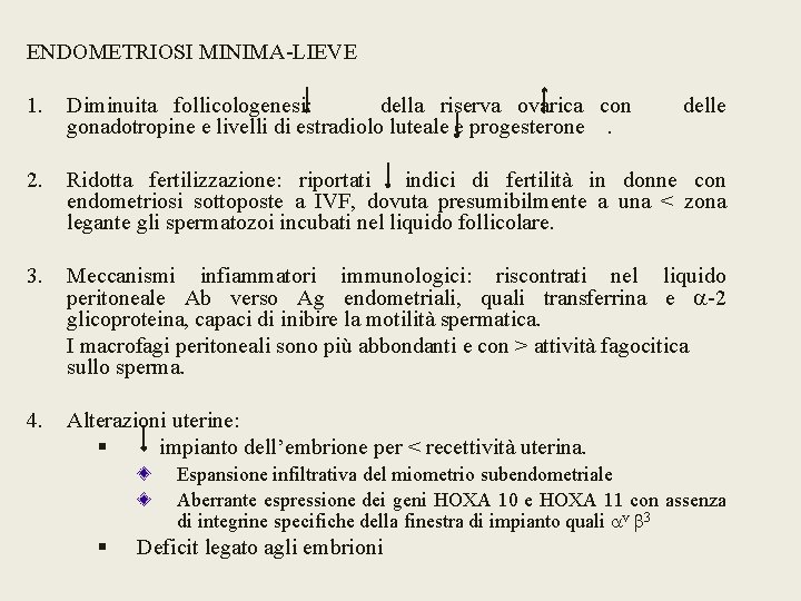 ENDOMETRIOSI MINIMA-LIEVE 1. Diminuita follicologenesi: della riserva ovarica con gonadotropine e livelli di estradiolo