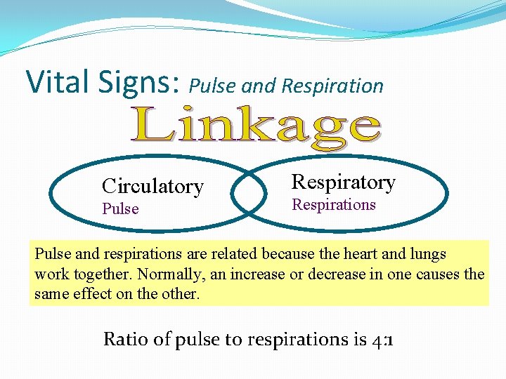 Vital Signs: Pulse and Respiration Circulatory Pulse Respiratory Respirations Pulse and respirations are related