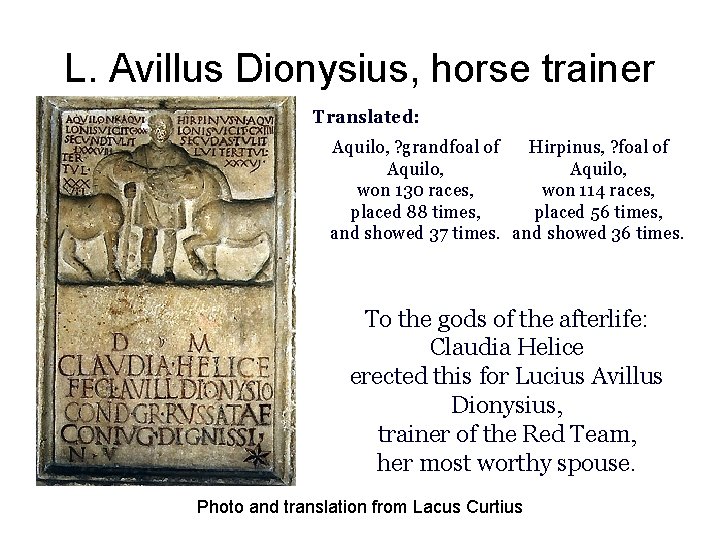 L. Avillus Dionysius, horse trainer Translated: Aquilo, ? grandfoal of Hirpinus, ? foal of