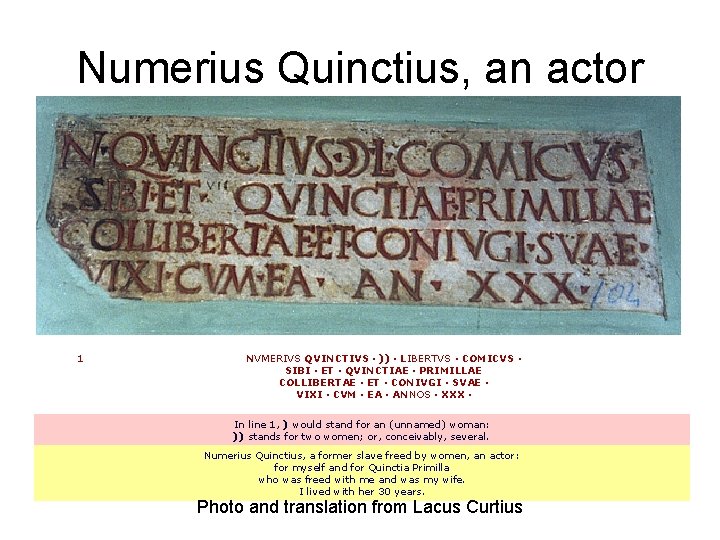 Numerius Quinctius, an actor 1 NVMERIVS QVINCTIVS · )) · LIBERTVS · COMICVS ·