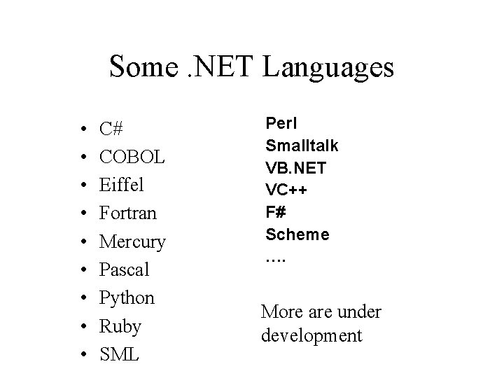 Some. NET Languages • • • C# COBOL Eiffel Fortran Mercury Pascal Python Ruby