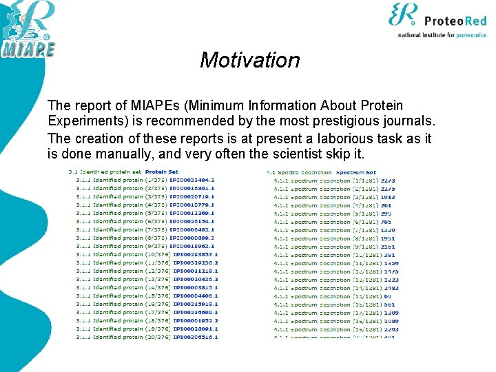 Motivation The report of MIAPEs (Minimum Information About Protein Experiments) is recommended by the