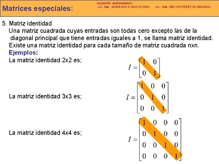 Matrices especiales: DOCENTES RESPONSABLES: Lic. Mat. JAIME BACA GOICOCHEA Lic. Mat. MELVIN PÉREZ ECHEANDÍA