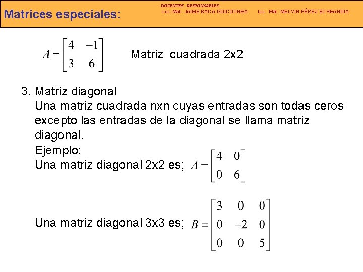 Matrices especiales: DOCENTES RESPONSABLES: Lic. Mat. JAIME BACA GOICOCHEA Lic. Mat. MELVIN PÉREZ ECHEANDÍA