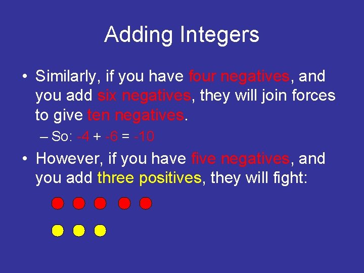 Adding Integers • Similarly, if you have four negatives, and you add six negatives,