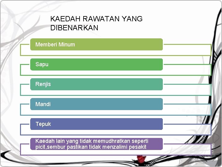 KAEDAH RAWATAN YANG DIBENARKAN Memberi Minum Sapu Renjis Mandi Tepuk Kaedah lain yang tidak