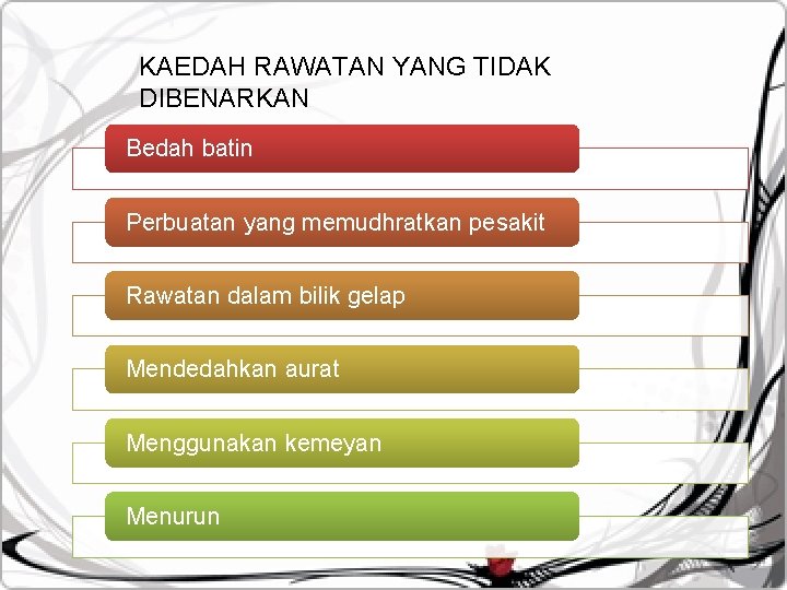 KAEDAH RAWATAN YANG TIDAK DIBENARKAN Bedah batin Perbuatan yang memudhratkan pesakit Rawatan dalam bilik