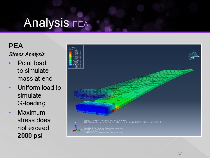 Analysis FEA PEA Stress Analysis • Point load to simulate mass at end •