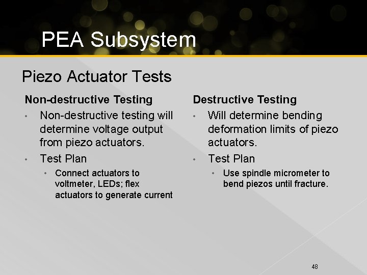 PEA Subsystem Piezo Actuator Tests Non-destructive Testing • Non-destructive testing will determine voltage output