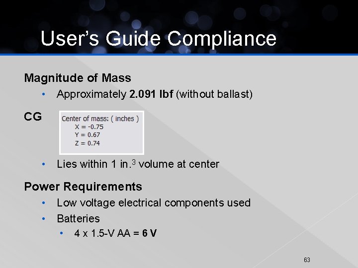 User’s Guide Compliance Magnitude of Mass • Approximately 2. 091 lbf (without ballast) CG