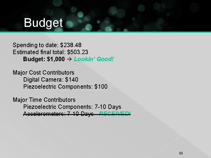 Budget Spending to date: $238. 48 Estimated final total: $503. 23 Budget: $1, 000