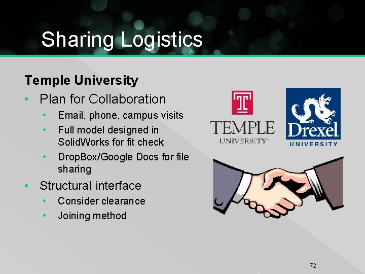 Sharing Logistics Temple University • Plan for Collaboration • • • Email, phone, campus