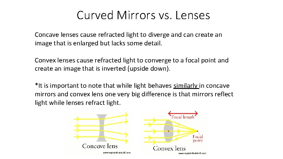 Curved Mirrors vs. Lenses Concave lenses cause refracted light to diverge and can create