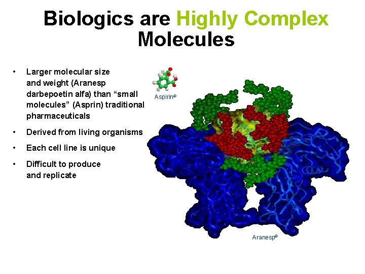 Biologics are Highly Complex Molecules • Larger molecular size and weight (Aranesp darbepoetin alfa)