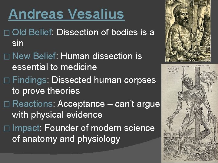 Andreas Vesalius � Old Belief: Dissection of bodies is a sin � New Belief: