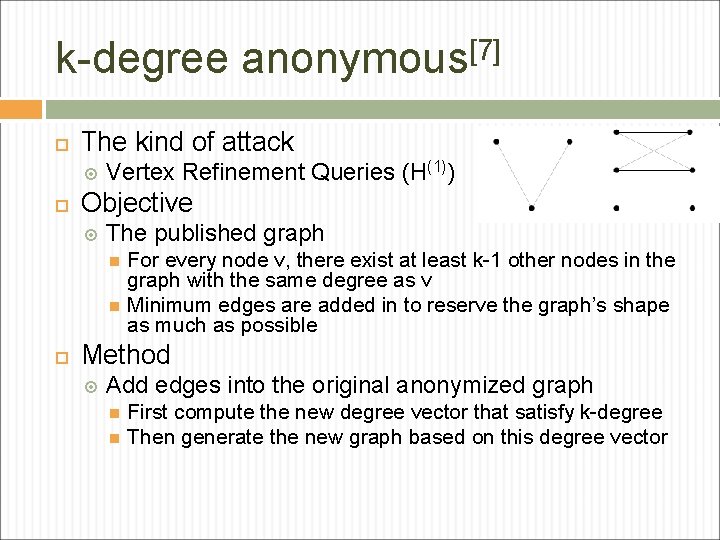 k-degree anonymous[7] The kind of attack Vertex Refinement Queries (H(1)) Objective The published graph