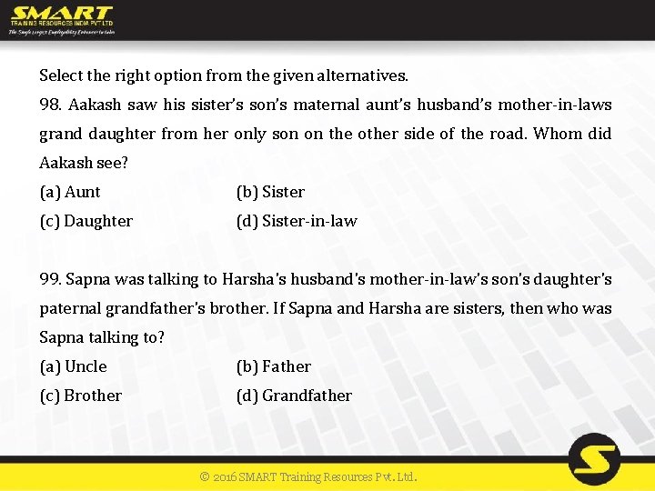 Select the right option from the given alternatives. 98. Aakash saw his sister’s son’s