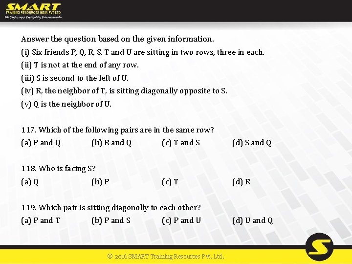 Answer the question based on the given information. (i) Six friends P, Q, R,