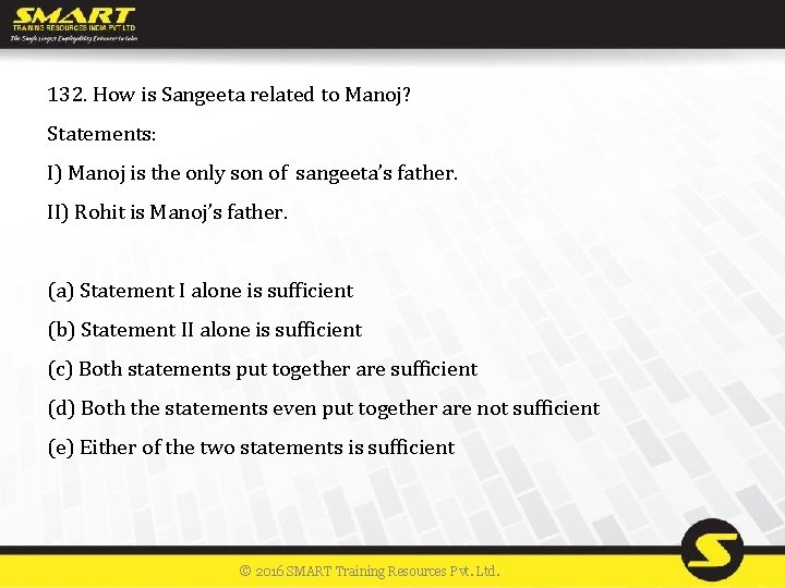 132. How is Sangeeta related to Manoj? Statements: I) Manoj is the only son