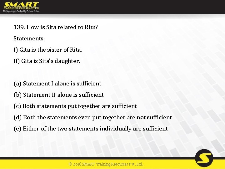139. How is Sita related to Rita? Statements: I) Gita is the sister of