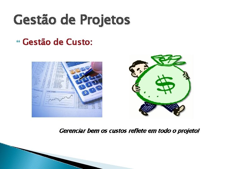 Gestão de Projetos Gestão de Custo: Gerenciar bem os custos reflete em todo o