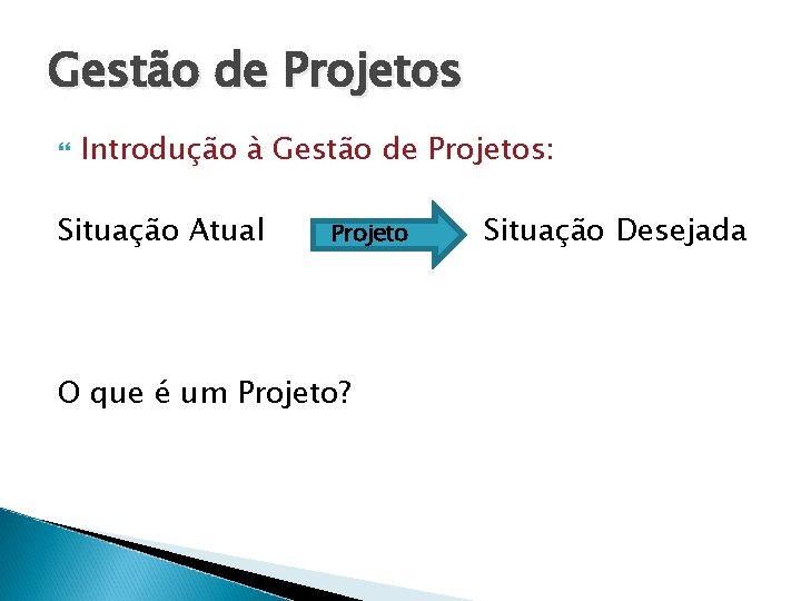 Gestão de Projetos Introdução à Gestão de Projetos: Situação Atual Projeto O que é