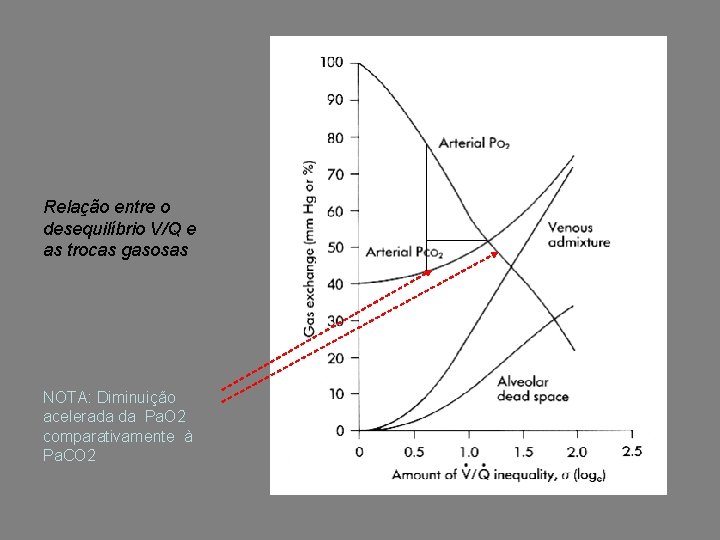Relação entre o desequilíbrio V/Q e as trocas gasosas NOTA: Diminuição acelerada da Pa.